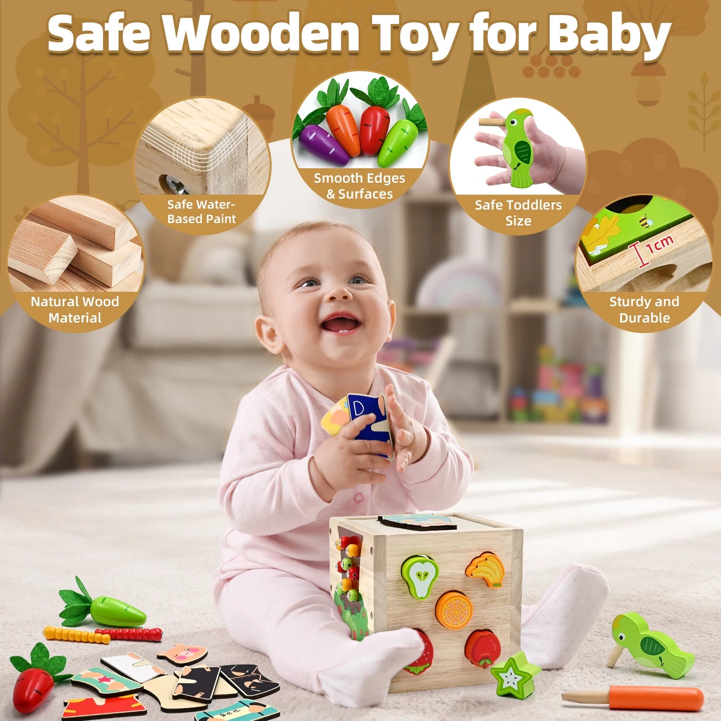 Montessori Baby Wooden Activity Cube - 5 in 1 Educational Sensory Toys