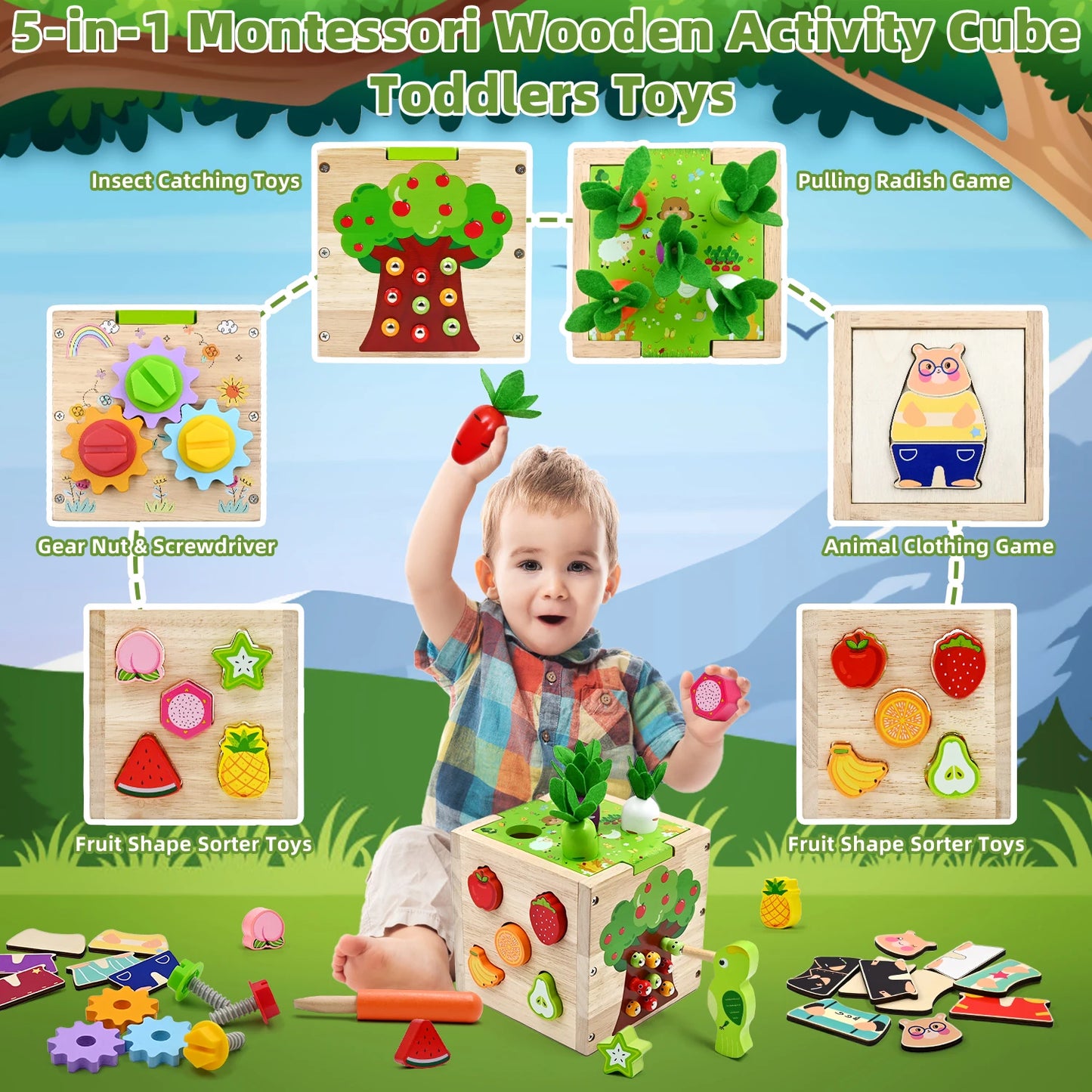 Montessori Baby Wooden Activity Cube - 5 in 1 Educational Sensory Toys