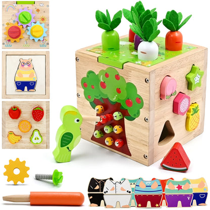 Montessori Baby Wooden Activity Cube - 5 in 1 Educational Sensory Toys